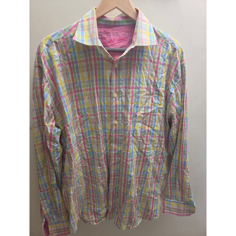 Bugatchi Uomo Mens Large Pastel Plaid Button Down Shirt Long Sleeve Cotton Multi